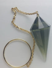 Load image into Gallery viewer, Moldavite pendulum solid 14k gold rare  faceted stone  w/czech gem cert 4.10gr
