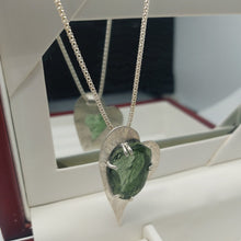 Load image into Gallery viewer, Artisan  Crafted Moldavite Cabachon Pendant  Unique Heart Shape Sterling Setting
