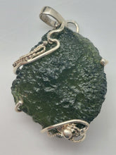 Load image into Gallery viewer, Moldavite pendant 925 silver 33ct prong set w/certificate of authenticity
