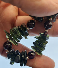 Load image into Gallery viewer, Tumbled Moldavite Bracelet w/Garnet  * 35.0Gr * 9 inches-23cm *   925/Silver Certificate of Authenticity
