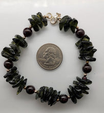 Load image into Gallery viewer, Tumbled Moldavite Bracelet w/Garnet  * 35.0Gr * 9 inches-23cm *   925/Silver Certificate of Authenticity
