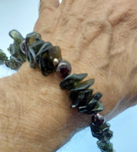 Load image into Gallery viewer, Tumbled Moldavite Bracelet w/Garnet  * 35.0Gr * 9 inches-23cm *   925/Silver Certificate of Authenticity
