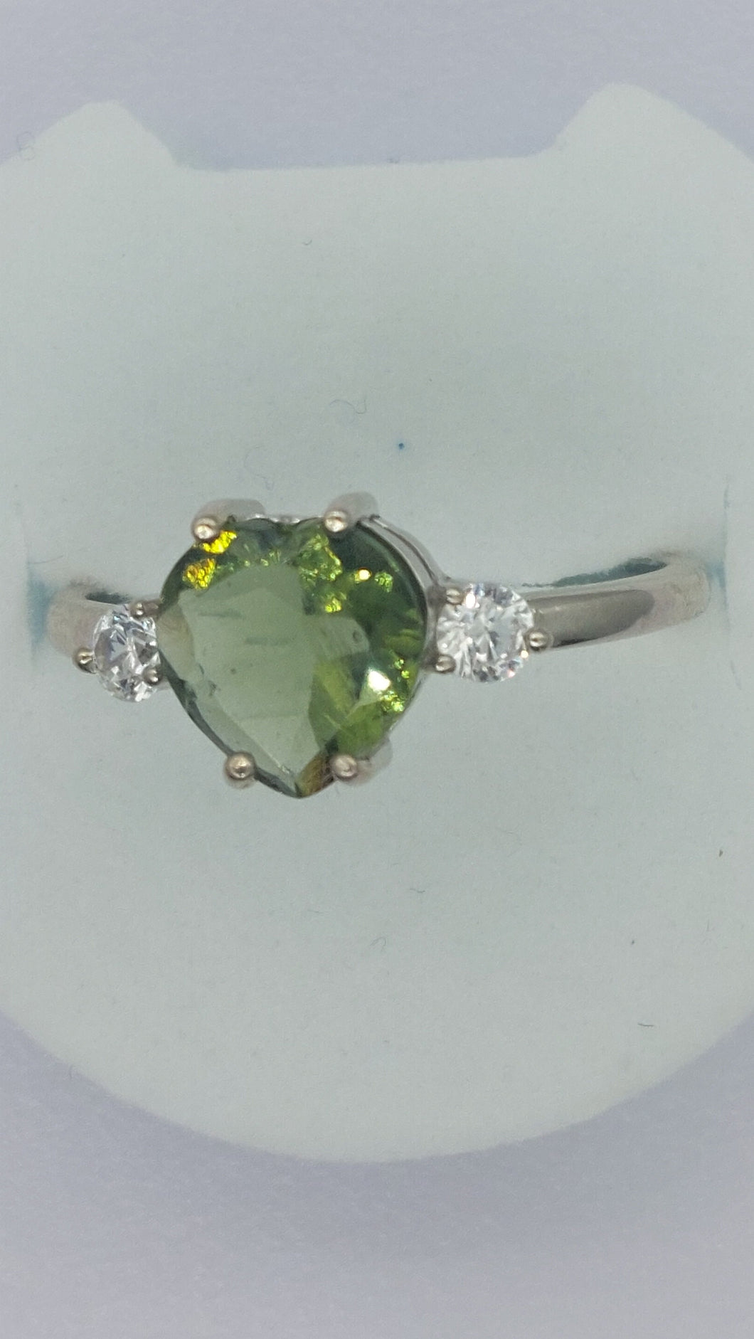 Moldavite Ring 8mm Heart with CZ  in .925 Silver Setting High Quality Faceted Gemstone