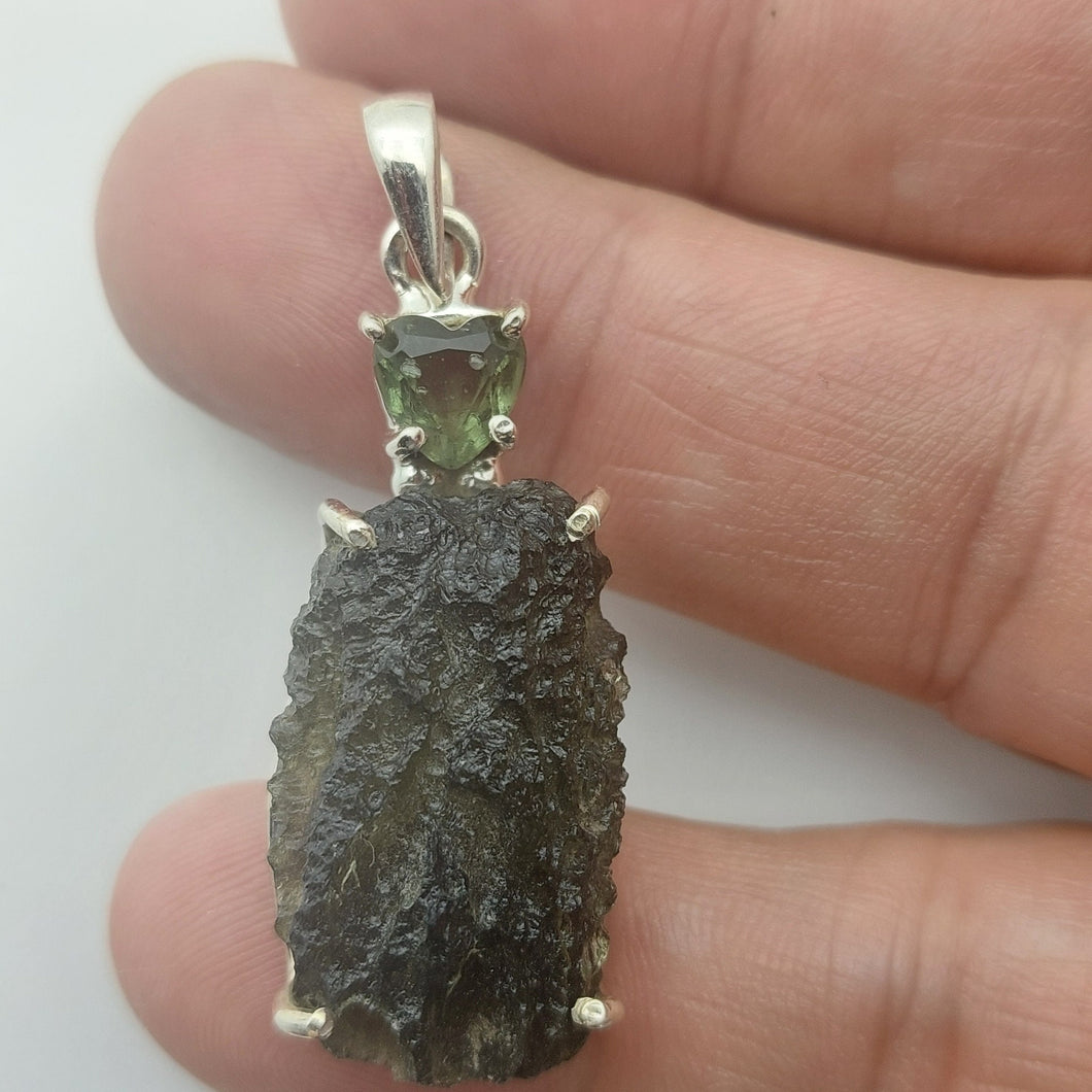 Moldavite + moldavite pendant high quality rhodium plated prong setting with coa