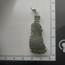 Load image into Gallery viewer, Moldavite + Moldavite pendant high quality rhodium plated prong setting with Certificate
