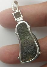 Load image into Gallery viewer, Moldavite + Moldavite pendant high quality rhodium plated prong setting with Certificate
