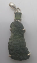 Load image into Gallery viewer, Moldavite + Moldavite pendant high quality rhodium plated prong setting with Certificate
