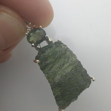 Load image into Gallery viewer, Moldavite + Moldavite pendant high quality rhodium plated prong setting with Certificate
