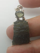 Load image into Gallery viewer, Moldavite + Moldavite pendant high quality rhodium plated prong setting with Certificate
