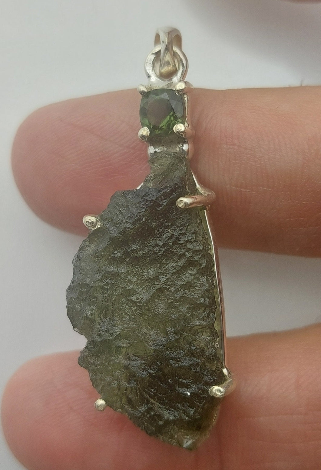 Moldavite + Moldavite pendant high quality rhodium plated prong setting with Certificate