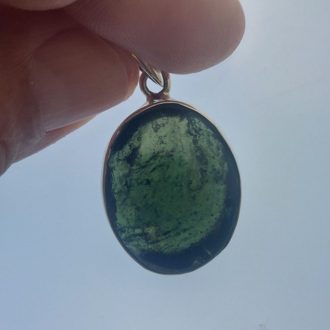 Moldavite Cabochon Pendant Bezel Set -- 7.9grams/39.5Ct - Polished-Raw sides    Certificate of Authenticity