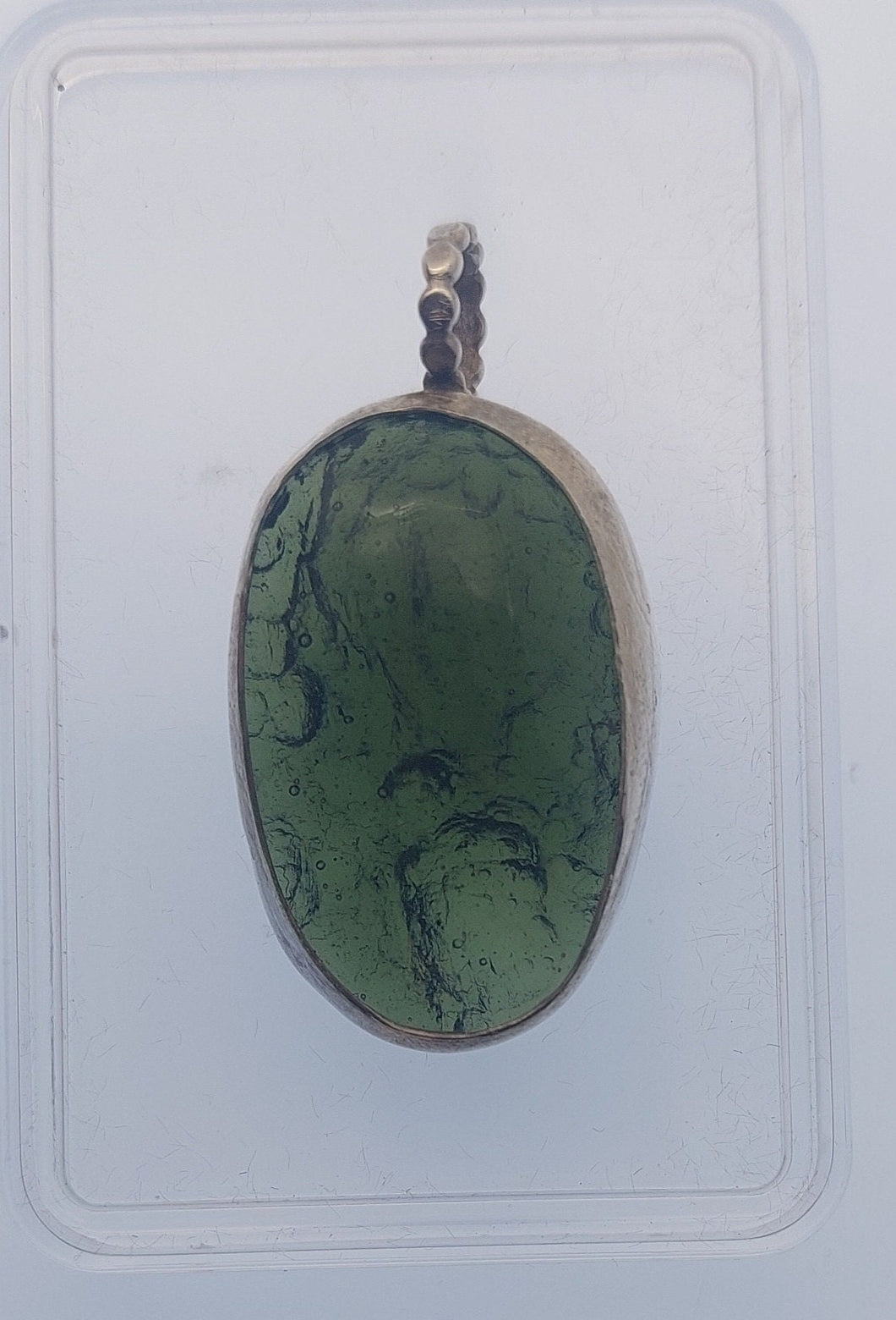 Moldavite Cabochon Pendant Bezel Set -- 7.2grams/36.0ct - Polished-Raw sides    Certificate of Authenticity