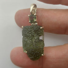 Load image into Gallery viewer, Moldavite + Moldavite pendant high quality rhodium plated prong setting with Certificate
