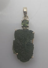 Load image into Gallery viewer, Moldavite + Moldavite pendant high quality rhodium plated prong setting with Certificate
