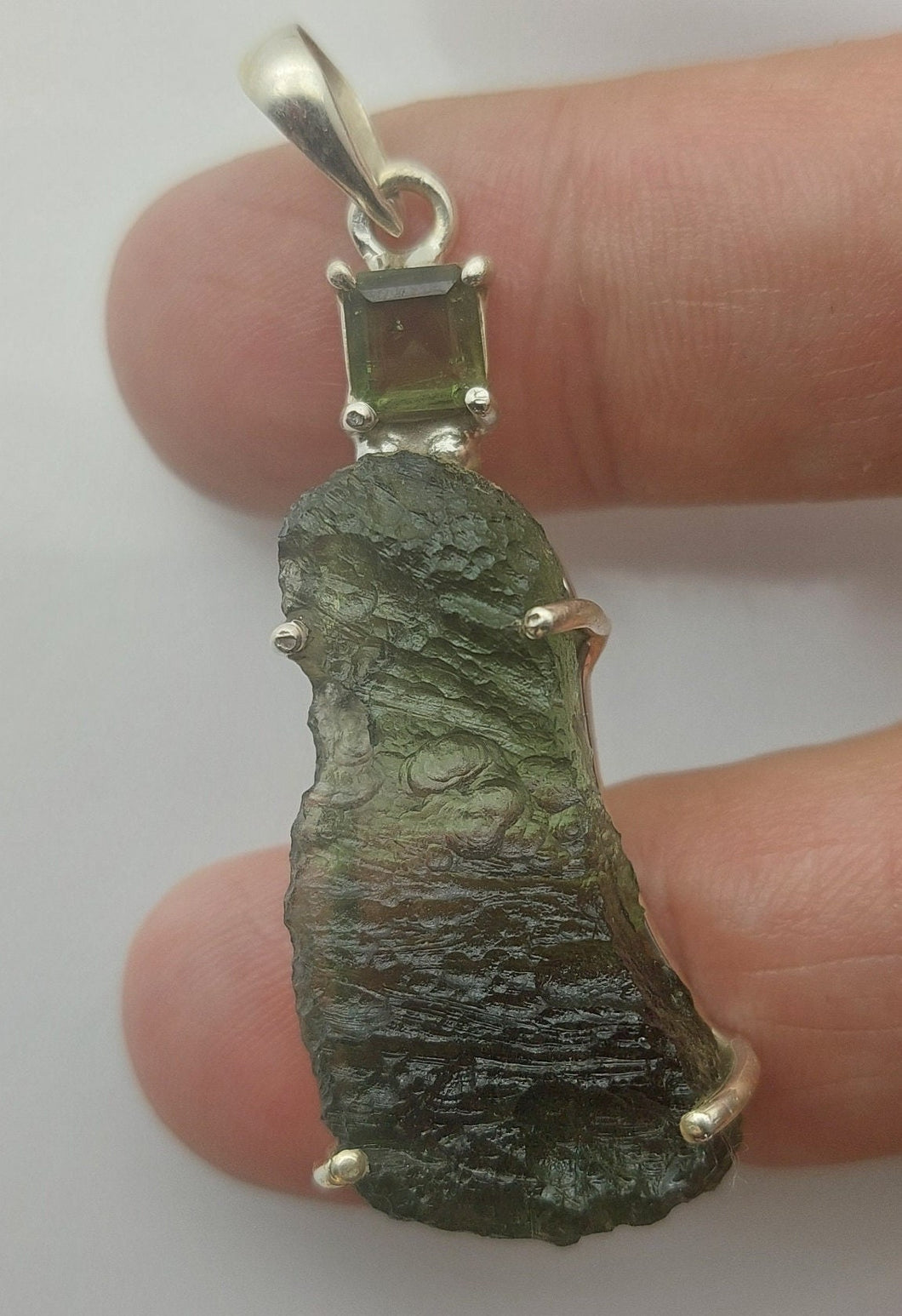 Moldavite + Moldavite pendant high quality rhodium plated prong setting with Certificate