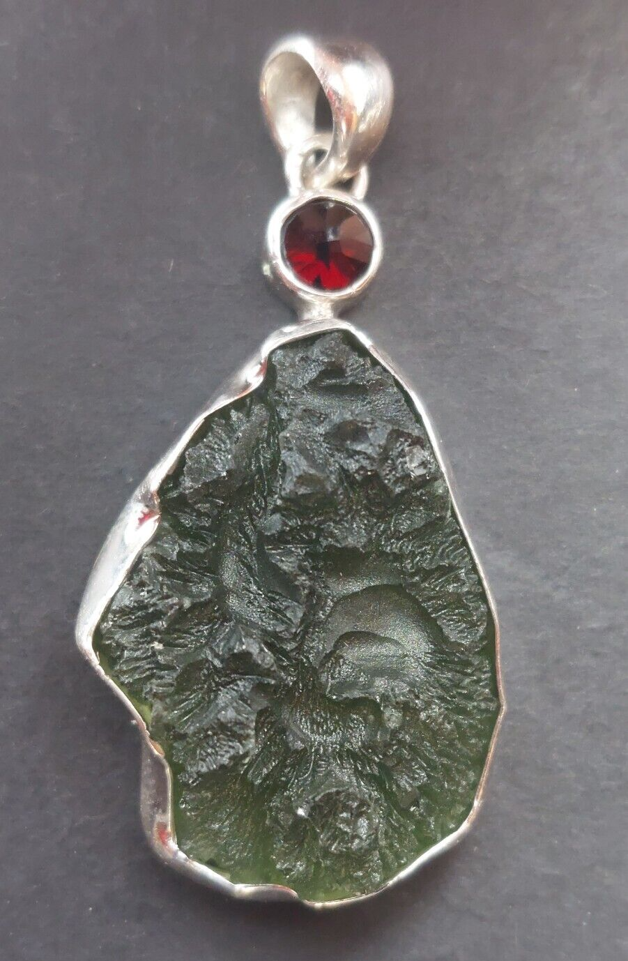 Pendant Moldavite w/Garnet 925  Bezel Set