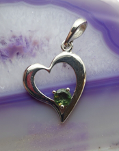 Load image into Gallery viewer, Moldavite Pendant 6mm Round Faceted Gem set in 925 Silver Heart Shape with COA
