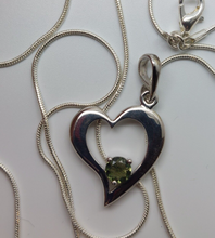 Load image into Gallery viewer, Moldavite Pendant 6mm Round Faceted Gem set in 925 Silver Heart Shape with COA
